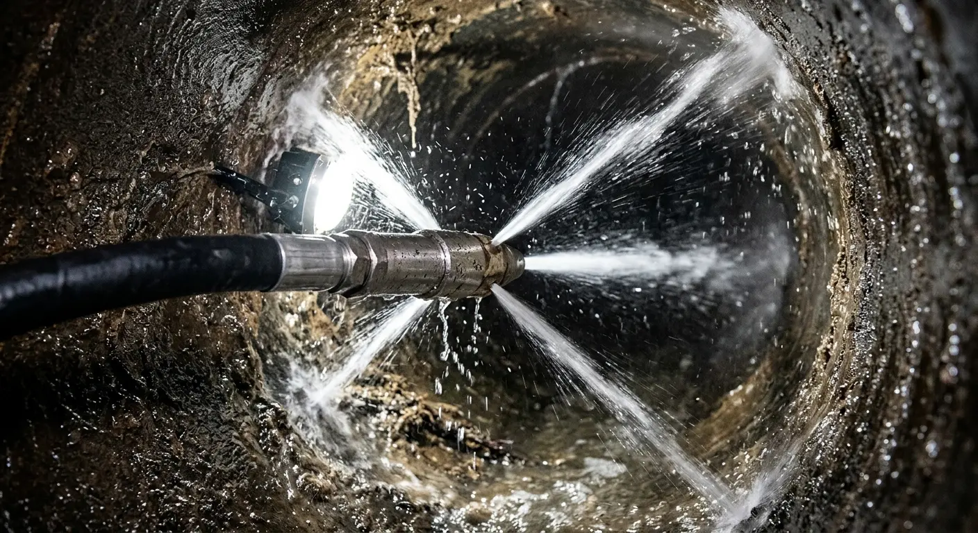 High-pressure hydro jetting nozzle cleaning sewer pipe for Sewer Cleanout in St. Martin