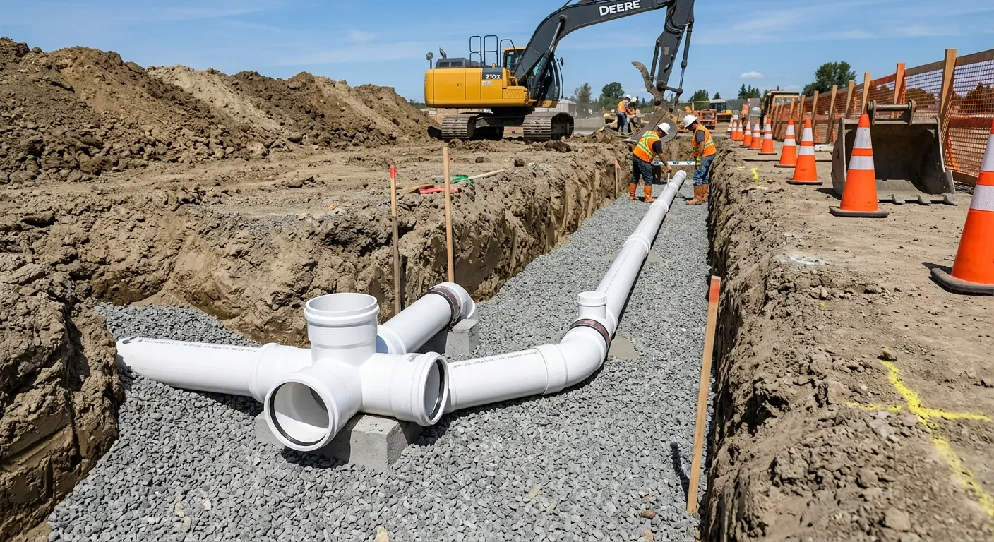 New PVC sewer pipe installation in open trench for Sewer Backup in St. Martin