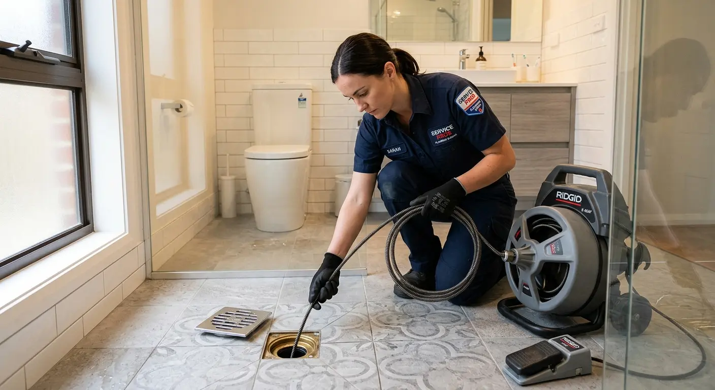 Technician clearing a bathroom floor drain for Drain Cleaning in St. Martin